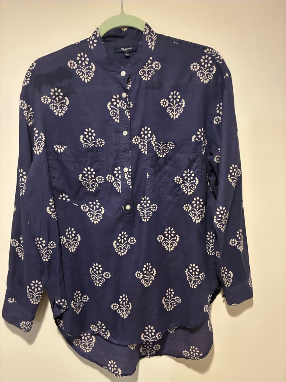 Madewell Navy Blue Printed Button-Up Band Collar Shirt Sz S 100% Cotton